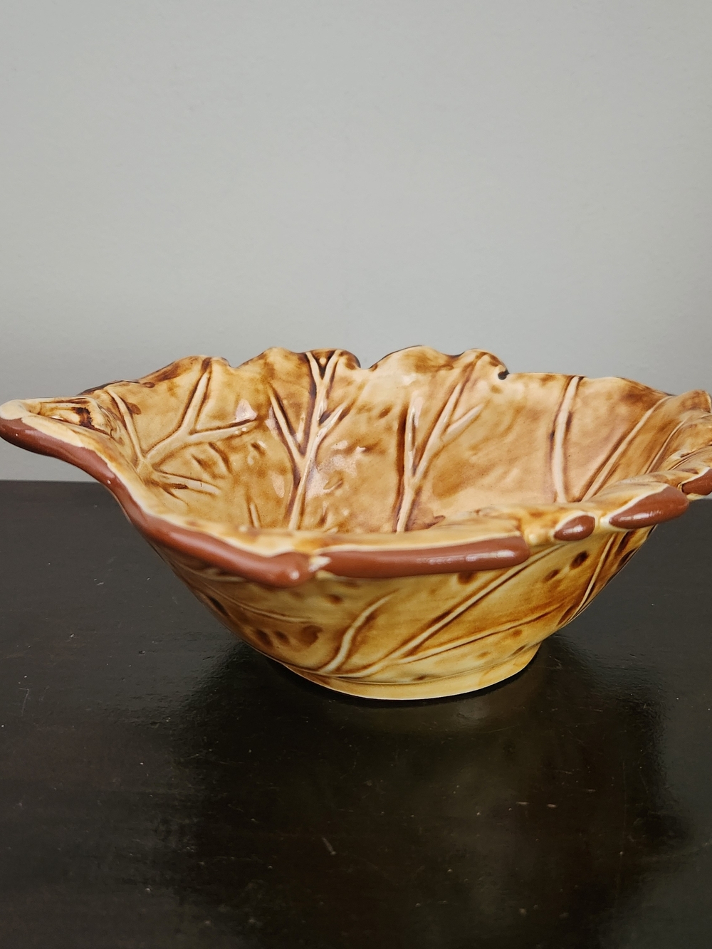 Hand-Glazed Leaf Motif Ceramic Bowl in Yellow and Brown